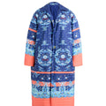 Hui Milano long dark blue cotton coat decorated with golden dragon, cloud, and sea motifs, accented with orange sleeve and hem inserts, blending traditional Chinese artistry with modern sporty elegance, front view on white background.
