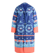 Hui Milano long dark blue cotton coat decorated with golden dragon, cloud, and sea motifs, accented with orange sleeve and hem inserts, blending traditional Chinese artistry with modern sporty elegance, front view on white background.