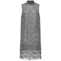 Hui Milano long sleeveless grey lace dress with Chinese-style collar, refined motifs, and layered hemline with lace trim and organza stitching, elegant and feminine design blending tradition and delicate craftsmanship, front view on white background.