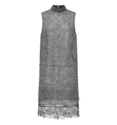 Hui Milano long sleeveless grey lace dress with Chinese-style collar, refined motifs, and layered hemline with lace trim and organza stitching, elegant and feminine design blending tradition and delicate craftsmanship, front view on white background.