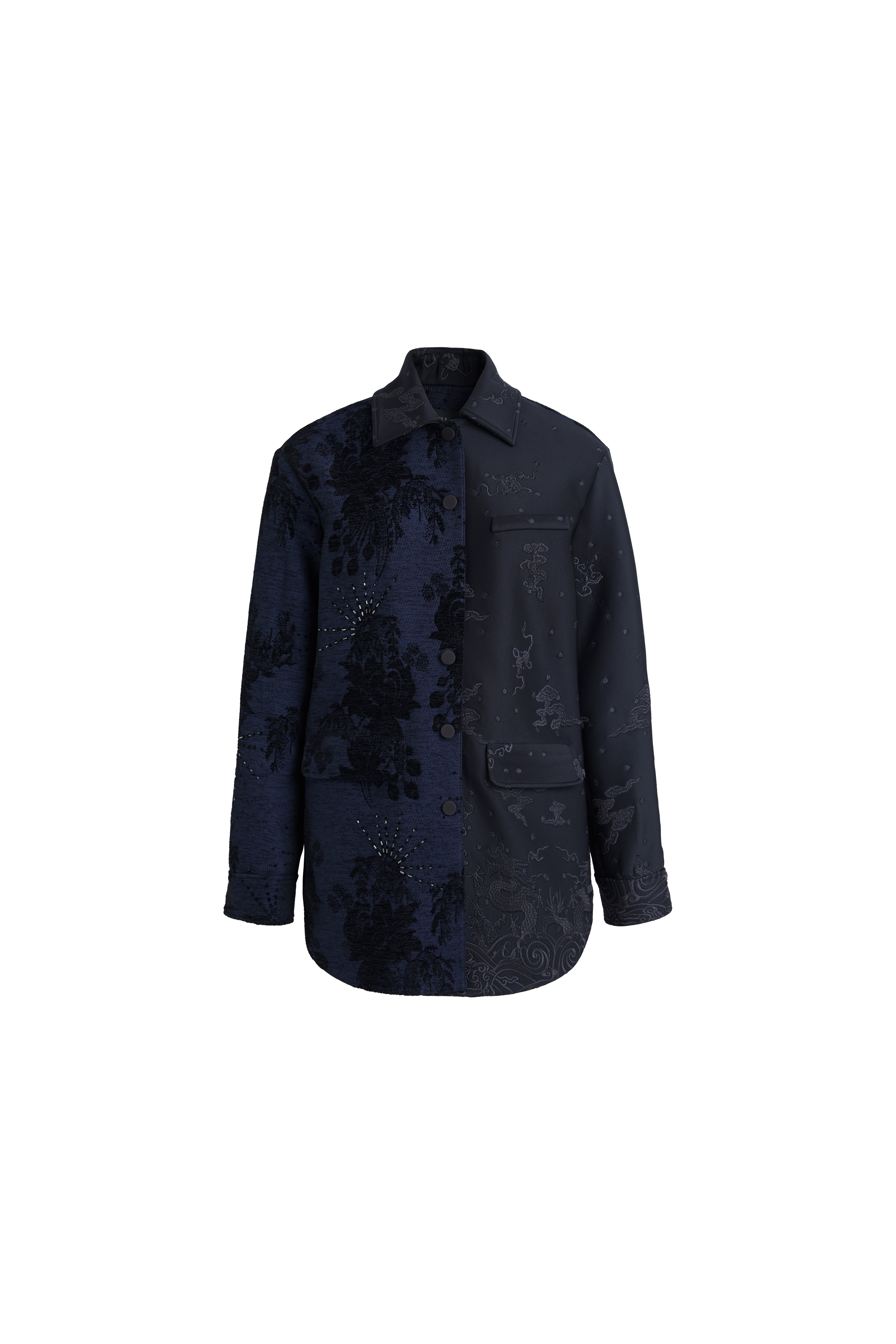Hui Milano long-sleeve patchwork jacket with dark blue floral motifs on one side and dark grey dragon embroidery on the other, lapel collar, front button closure, hand-bound beads, and seawater embroidery, elegant and culturally inspired design, front view on white background.