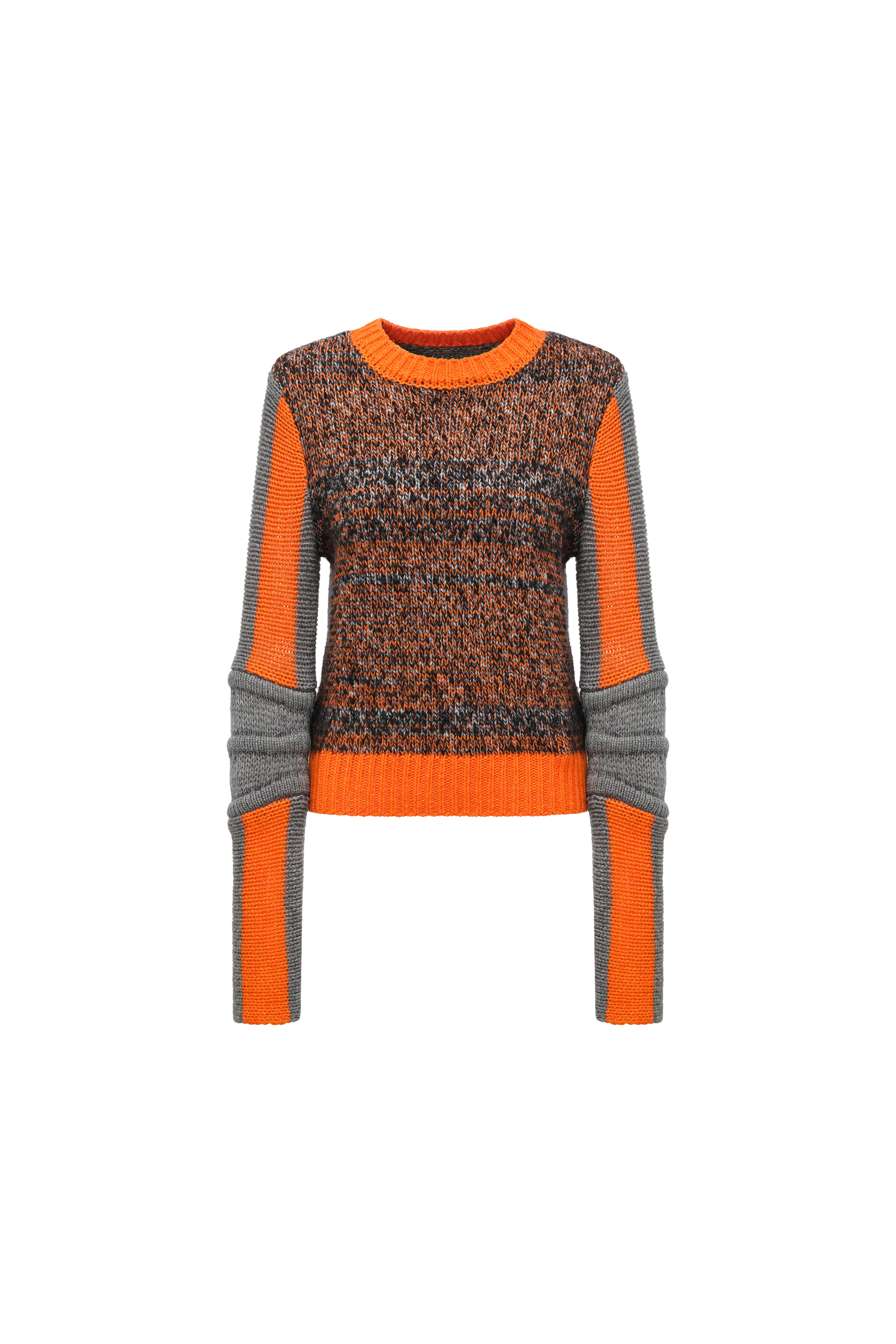 Hui Milano long-sleeve sweater with round neckline, mixed weave in brown, black, and grey melange yarns, accented with orange and grey details on sleeves, collar, and hem, soft warm material with sporty elements, front view on white background.