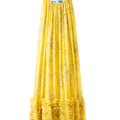 Hui Milano long yellow silk dress with Chinese dragon motifs, flowing floor-length silhouette, and cascading ruffles at the hem, bold and elegant oriental-inspired design, front view on white background.