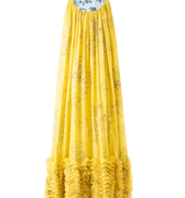 Hui Milano long yellow silk dress with Chinese dragon motifs, flowing floor-length silhouette, and cascading ruffles at the hem, bold and elegant oriental-inspired design, front view on white background.