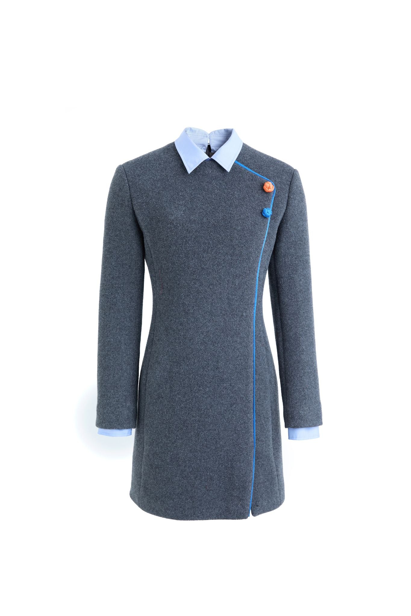 Hui Milano mid-length gray qipao with light blue shirt-style collar, right-side blue lines and two colorful buttons, tailored fit with lace details, blending traditional design with contemporary elegance, front view on white background.