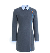 Hui Milano mid-length gray qipao with light blue shirt-style collar, right-side blue lines and two colorful buttons, tailored fit with lace details, blending traditional design with contemporary elegance, front view on white background.
