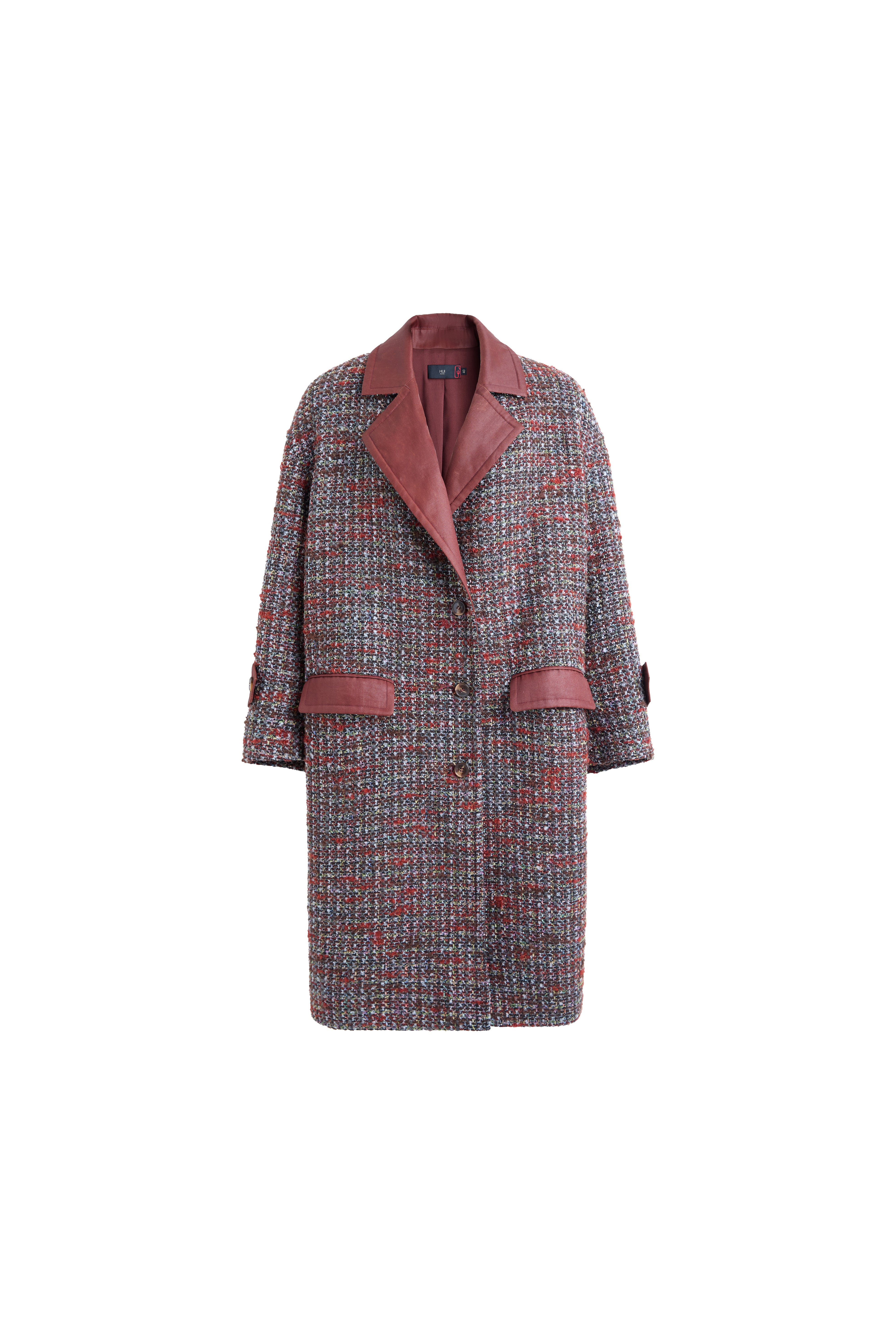 Hui Milano mid-length multicolor tweed coat with lapel collar and Xiangyun silk inserts on collar, cuffs, and pocket trims, elegant material contrast blending structured vintage tweed with light silk, sophisticated and modern design, front view on white background.