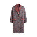 Hui Milano mid-length multicolor tweed coat with lapel collar and Xiangyun silk inserts on collar, cuffs, and pocket trims, elegant material contrast blending structured vintage tweed with light silk, sophisticated and modern design, front view on white background.
