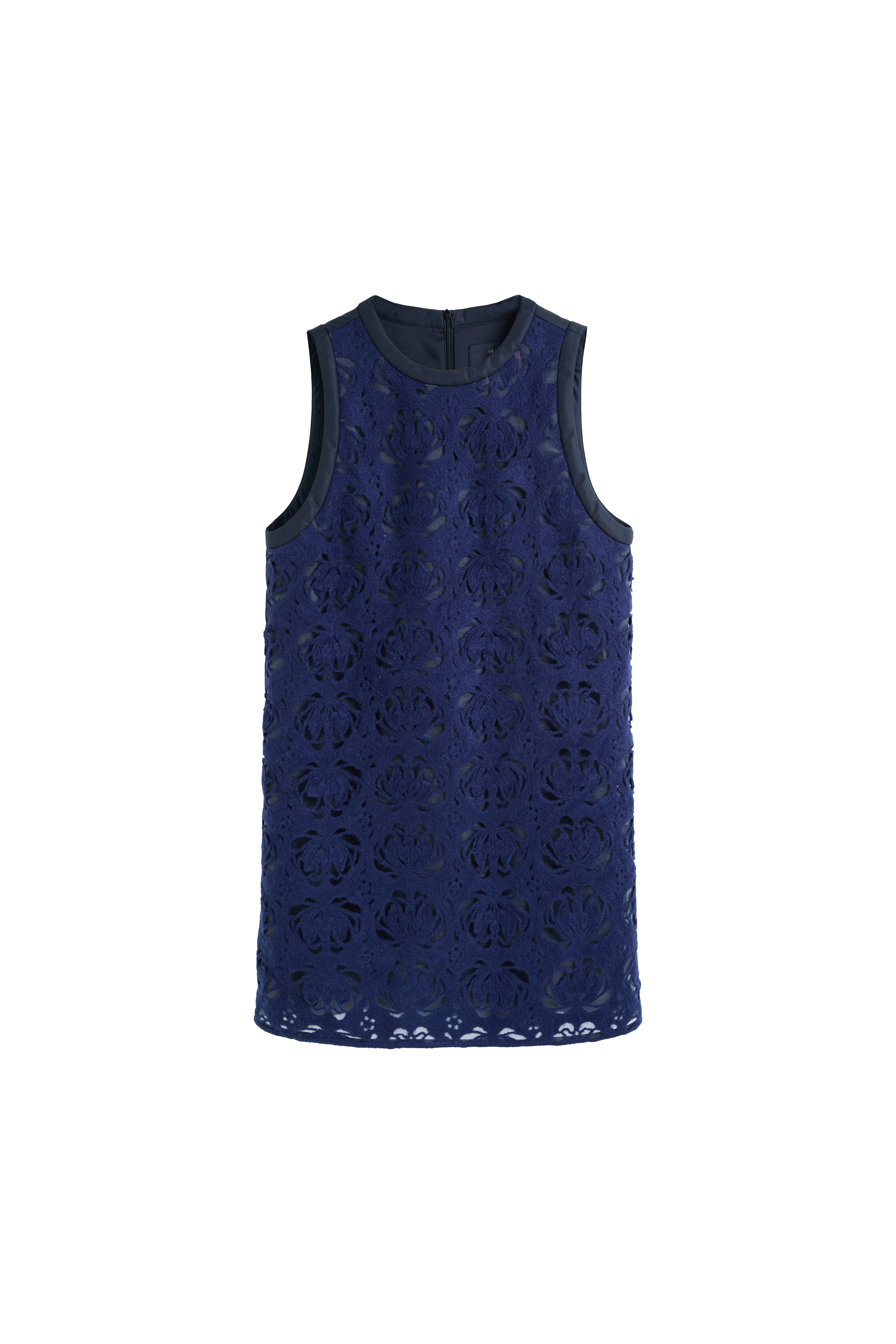 Hui Milano sleeveless navy blue A-line dress in raised floral lace with black nylon inserts on neckline and armholes, elegant and versatile design blending timeless sophistication with modern material contrast, front view on white background.