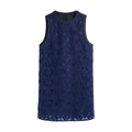 Hui Milano sleeveless navy blue A-line dress in raised floral lace with black nylon inserts on neckline and armholes, elegant and versatile design blending timeless sophistication with modern material contrast, front view on white background.