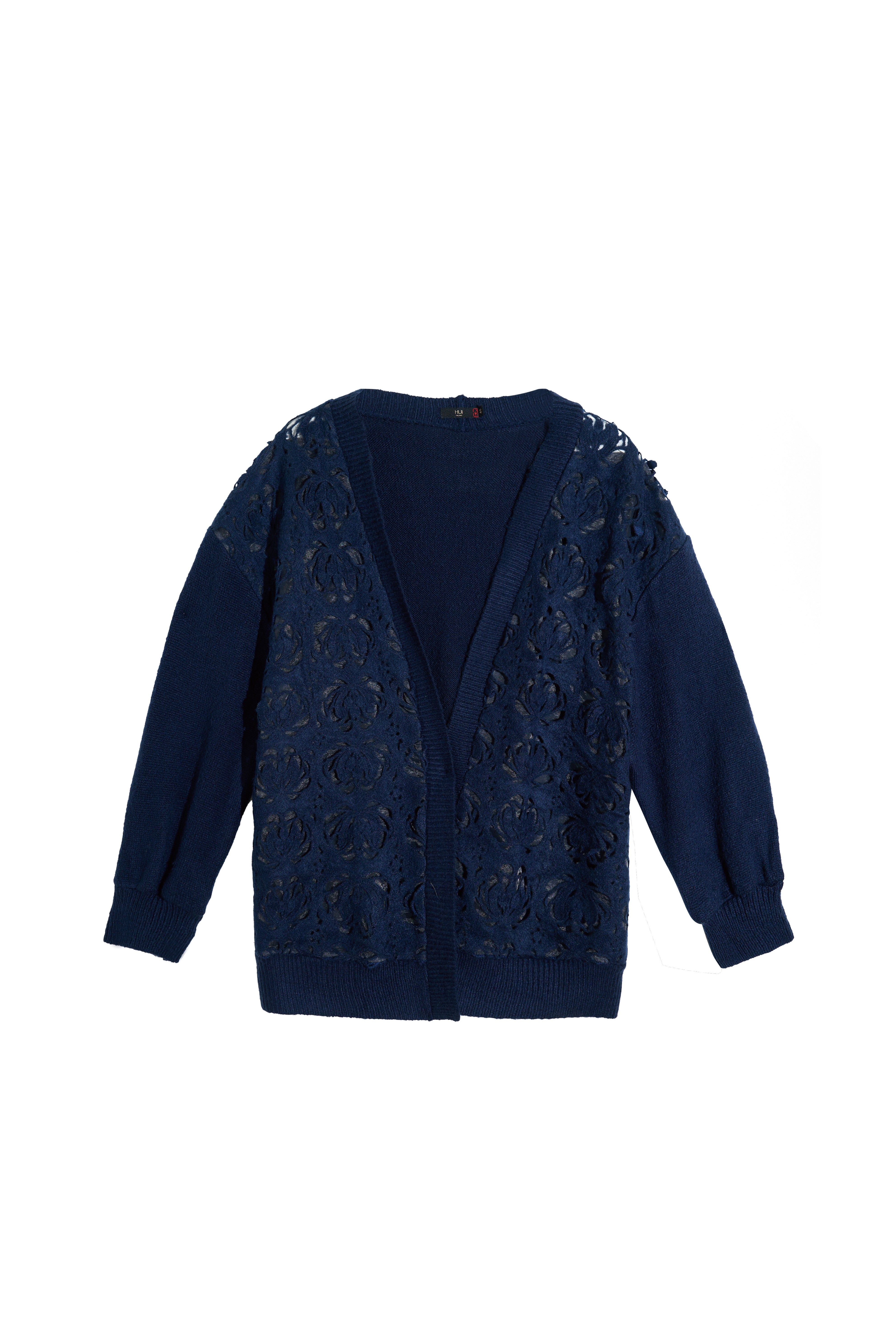 Hui Milano oversized navy blue cardigan with soft lines and minimalist elegant design, versatile for sophisticated day-to-evening outfits, front view on white background.