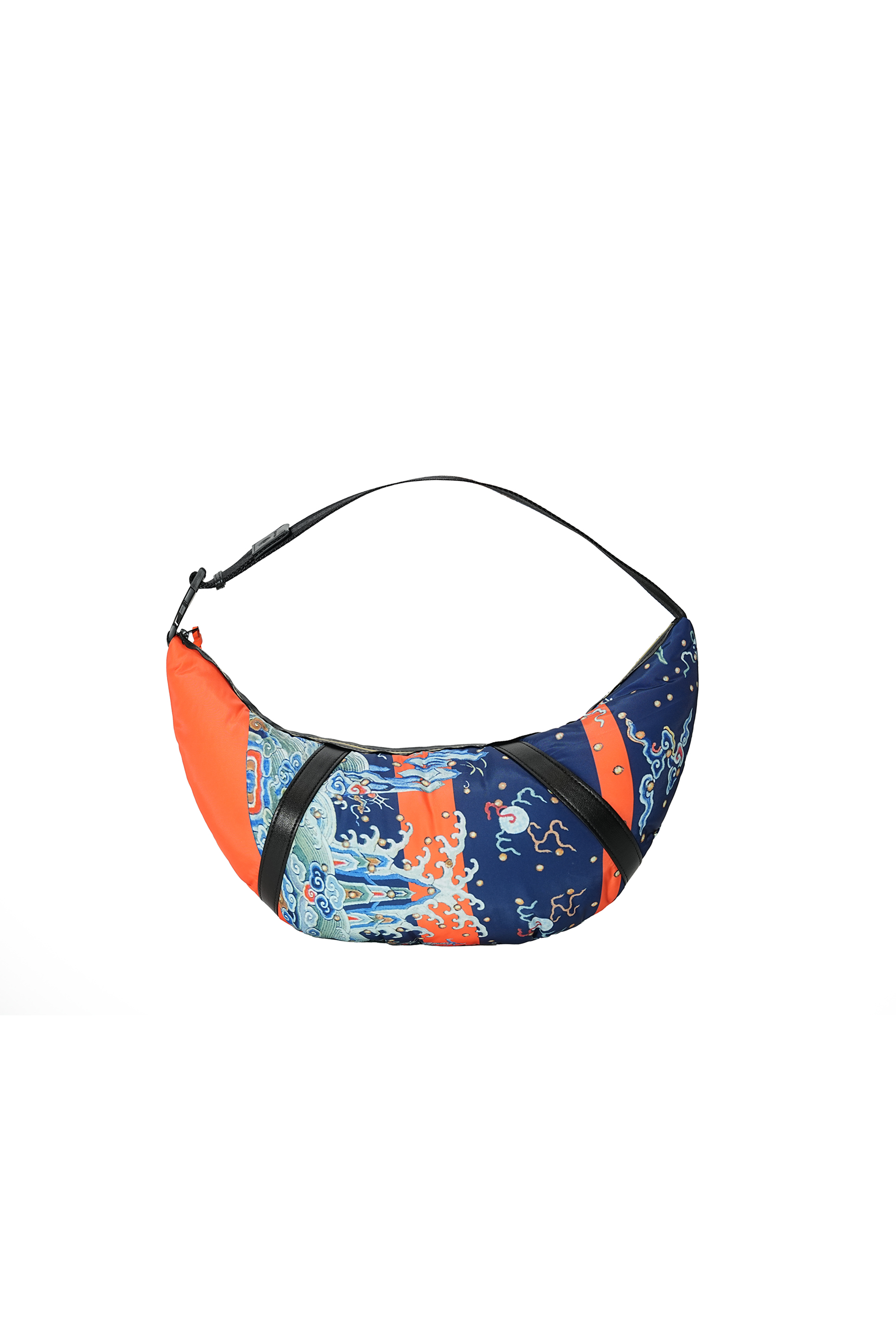 Hui Milano ox horn-shaped nylon bag with blue and orange dragon design, bold contrasting colors for artistic and modern statement look, front view on white background.