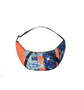 Hui Milano ox horn-shaped nylon bag with blue and orange dragon design, bold contrasting colors for artistic and modern statement look, front view on white background.