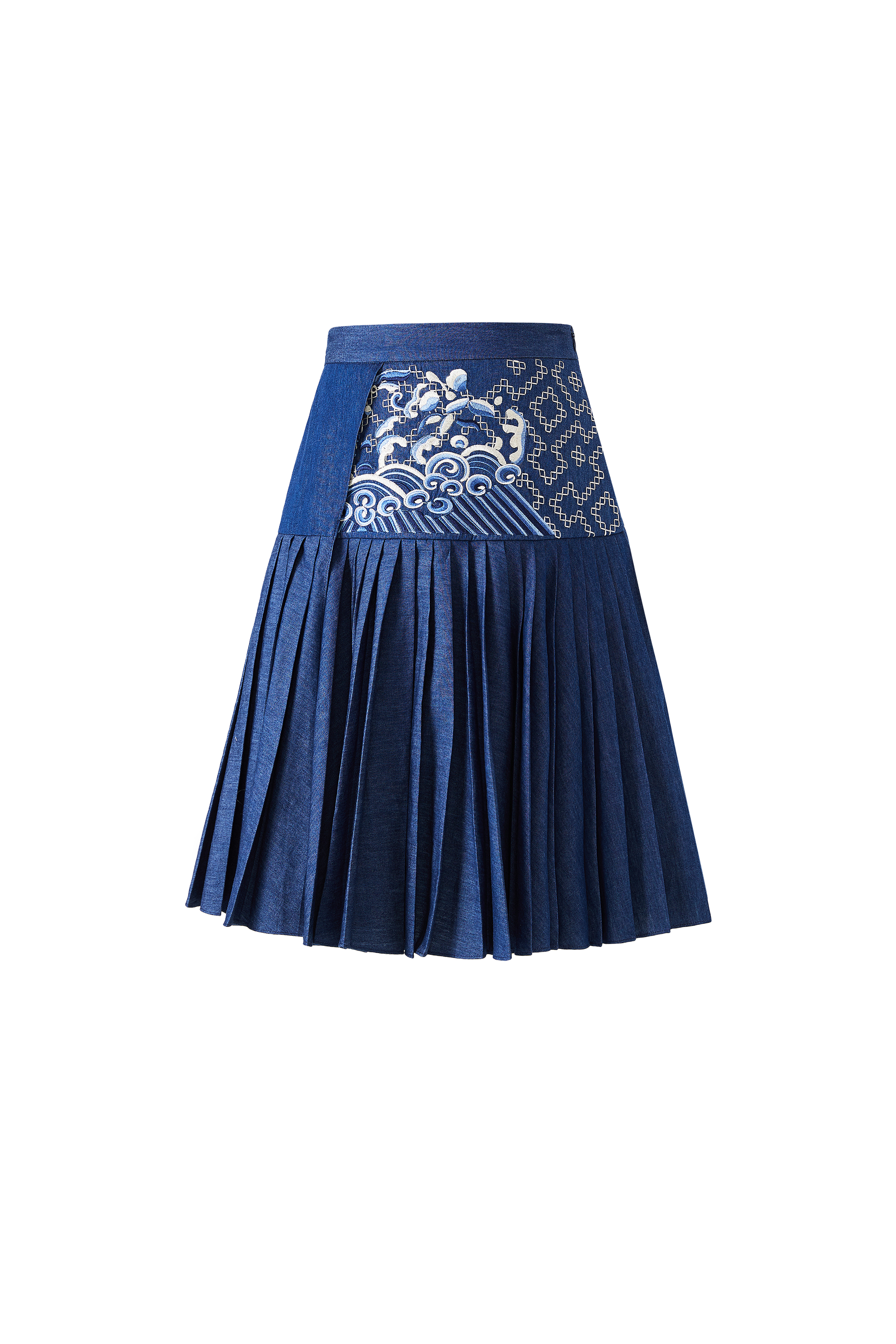 Hui Milano pleated denim A-line skirt with embroidered waist panel featuring traditional Chinese motifs of waves and florals, classic cloud embroidery, elegant and heritage-inspired design, front view on white background.