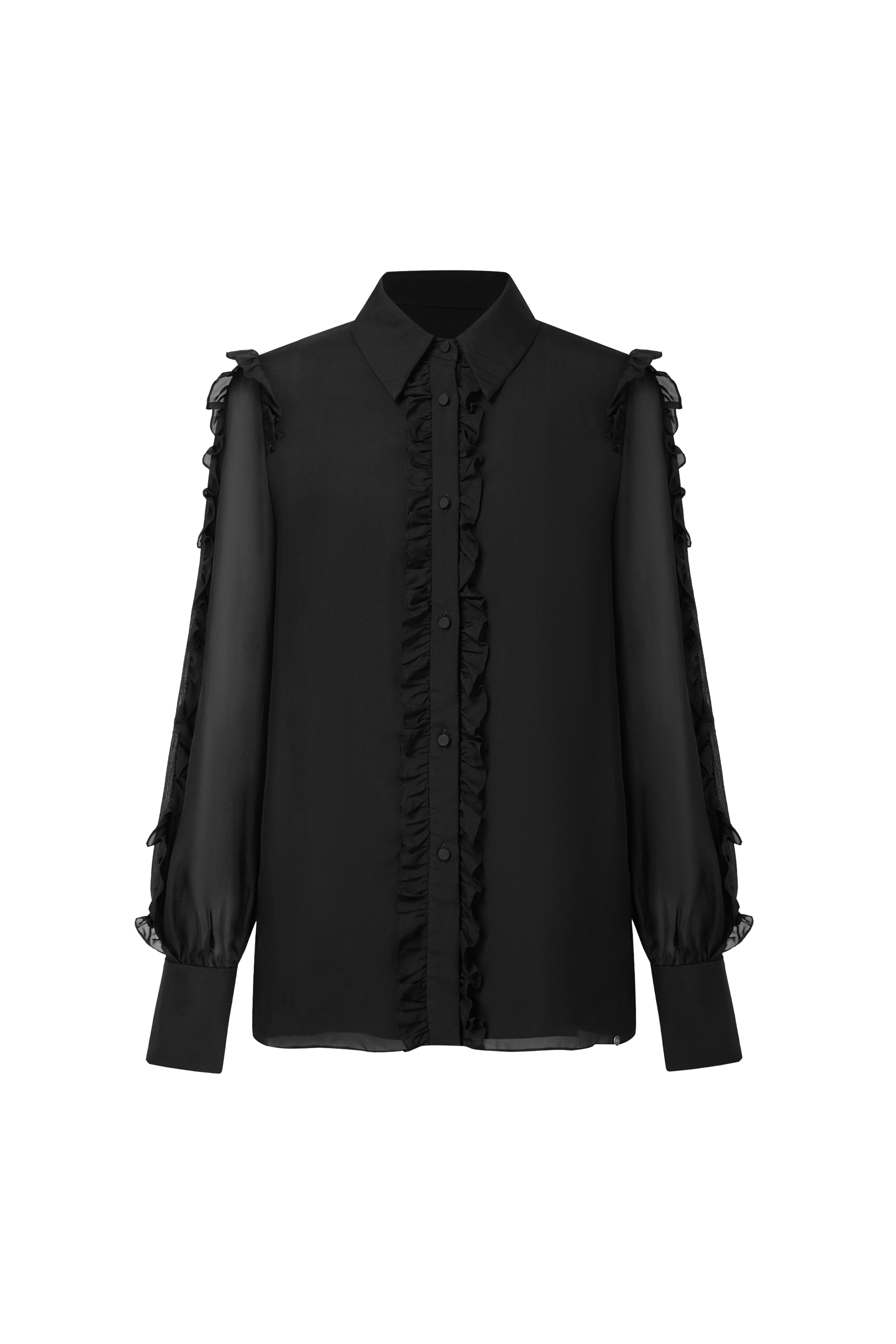Hui Milano silk chiffon shirt with delicate ruffles, romantic and feminine design, lightweight and refined for elegant and sophisticated looks, front view on white background.