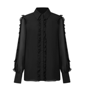 Hui Milano silk chiffon shirt with delicate ruffles, romantic and feminine design, lightweight and refined for elegant and sophisticated looks, front view on white background.