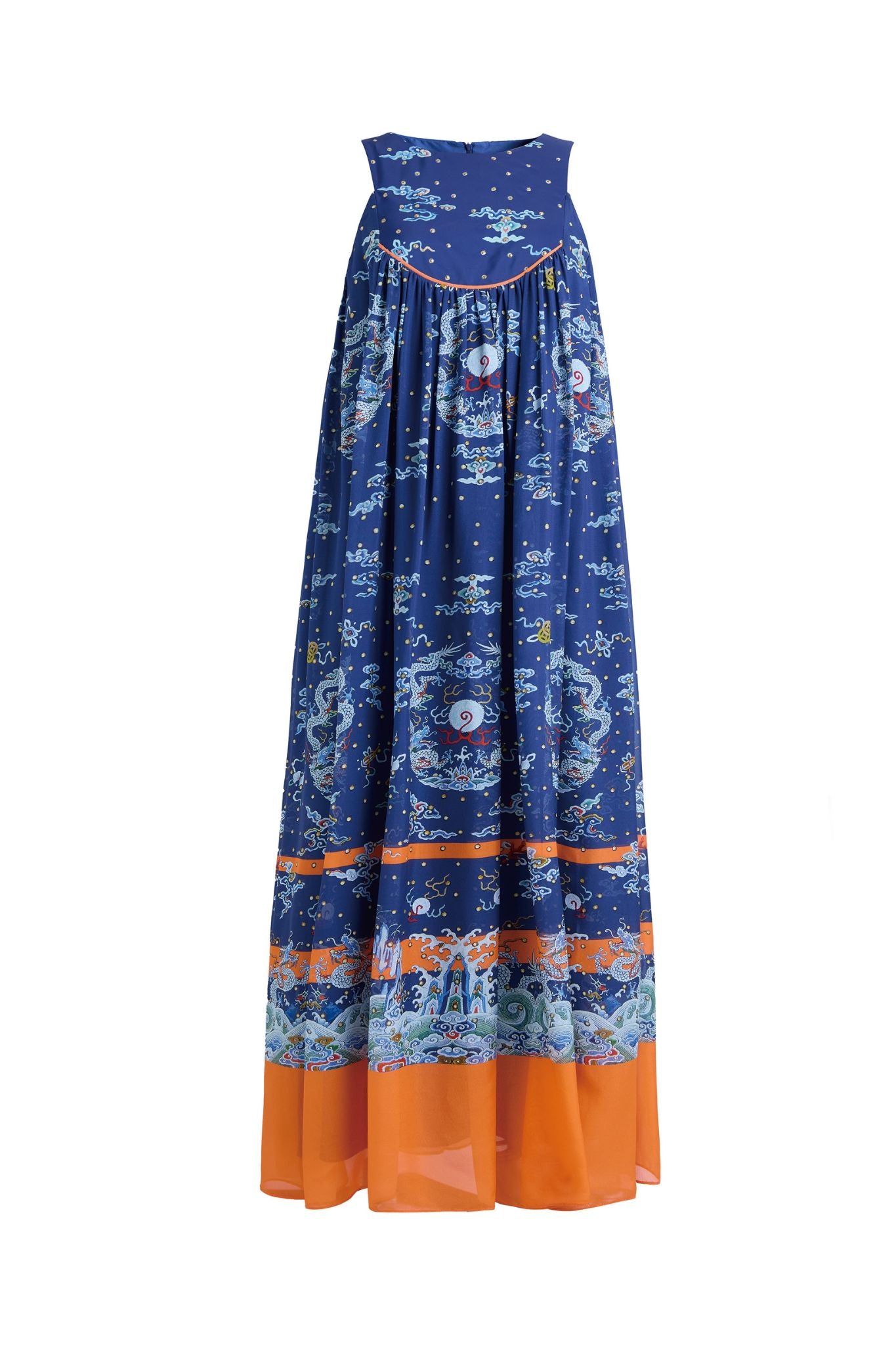 Hui Milano sleeveless long deep blue silk dress with refined mythological motifs, orange waistband and hem creating striking contrast, elegant and artistic design, front view on white background.