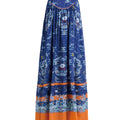 Hui Milano sleeveless long deep blue silk dress with refined mythological motifs, orange waistband and hem creating striking contrast, elegant and artistic design, front view on white background.