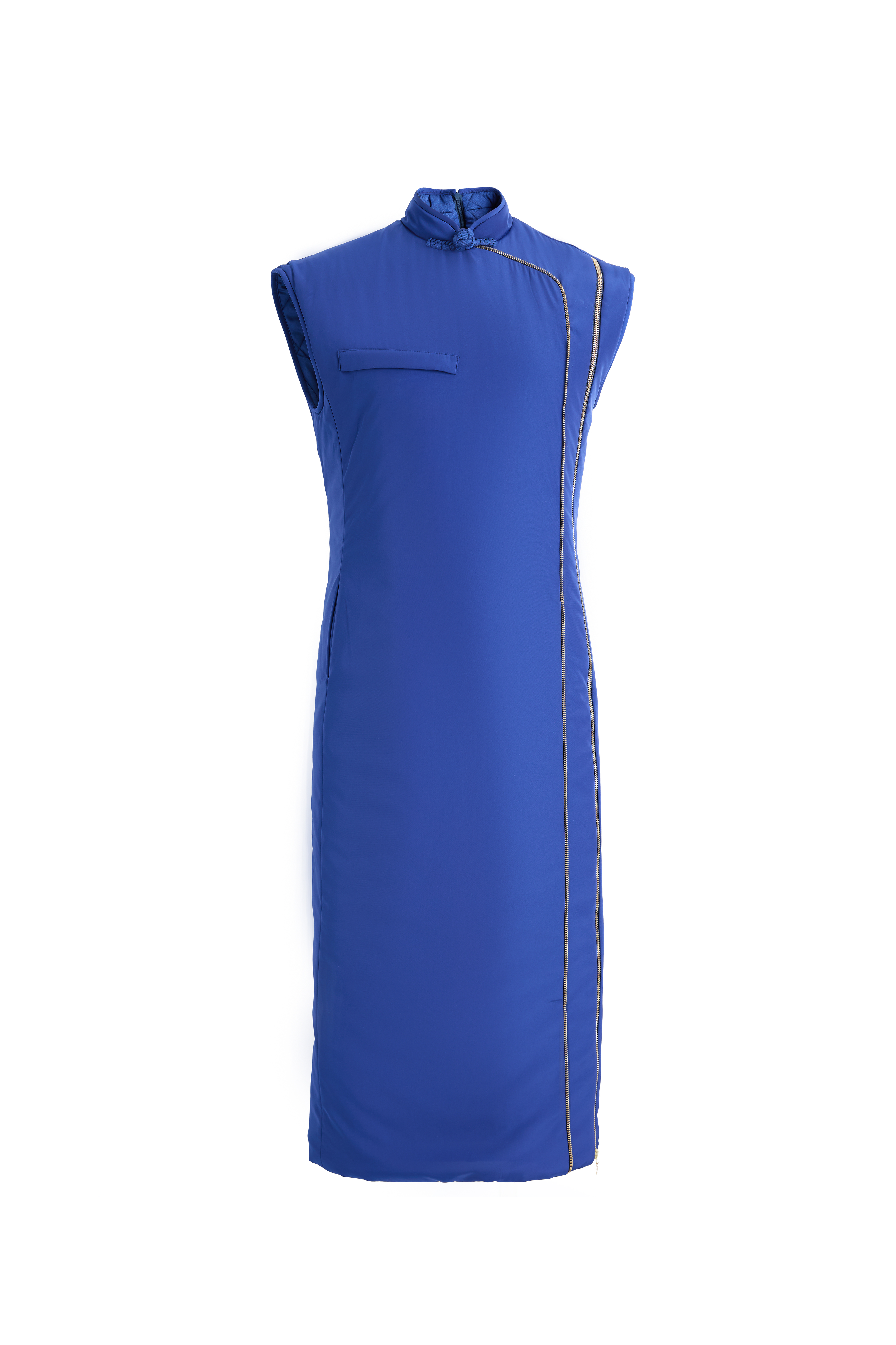 Hui Milano sleeveless galactic blue cheongsam with high collar and single contrast piping, modern minimalist reinterpretation of traditional Chinese dress, clean and elegant silhouette, front view on white background.