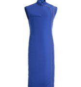 Hui Milano sleeveless galactic blue cheongsam with high collar and single contrast piping, modern minimalist reinterpretation of traditional Chinese dress, clean and elegant silhouette, front view on white background.