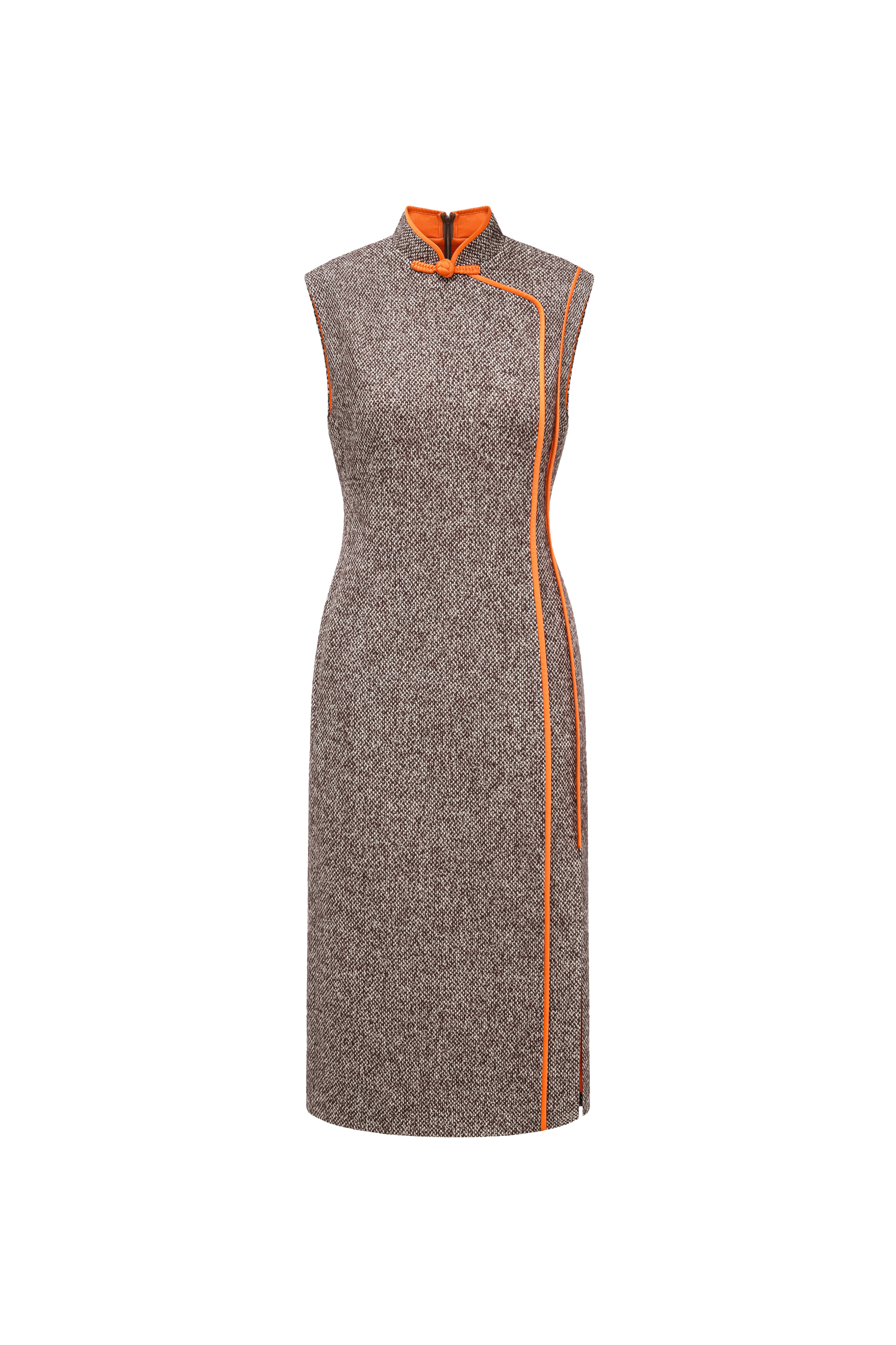 Hui Milano sleeveless grey qipao-style dress with high collar, traditional buttons, and orange accents on collar and sides, slim and elegant silhouette blending classic qipao elements with modern design, front view on white background.
