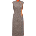 Hui Milano sleeveless grey qipao-style dress with high collar, traditional buttons, and orange accents on collar and sides, slim and elegant silhouette blending classic qipao elements with modern design, front view on white background.