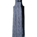 Hui Milano sleeveless long qipao in sheer grey lace with high Chinese-style collar, elegant two-tone design with lace and velvet, refined and romantic contemporary take on traditional oriental aesthetics, front view on white background.