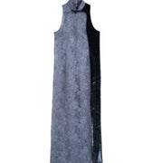 Hui Milano sleeveless long qipao in sheer grey lace with high Chinese-style collar, elegant two-tone design with lace and velvet, refined and romantic contemporary take on traditional oriental aesthetics, front view on white background.