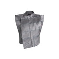 Hui Milano sleeveless light silver jacket fully embroidered with geometric and linear Miao motifs, high collar, asymmetric front closure, Miao-style vest silhouette, distinctive and contemporary design, front view on white background.