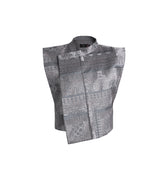 Hui Milano sleeveless light silver jacket fully embroidered with geometric and linear Miao motifs, high collar, asymmetric front closure, Miao-style vest silhouette, distinctive and contemporary design, front view on white background.