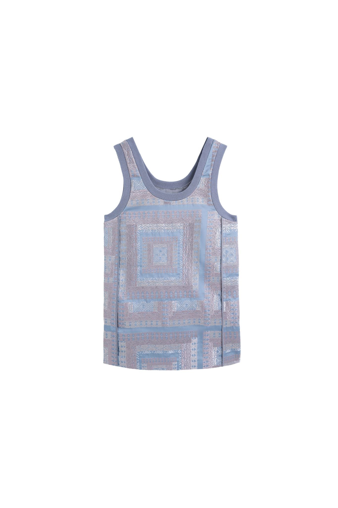 Hui Milano sleeveless tank top fully embroidered with traditional Miao motifs in blue tones, featuring knit shoulder inserts for comfort and sporty touch, unique blend of ethnic aesthetics and contemporary style, front view on white background.