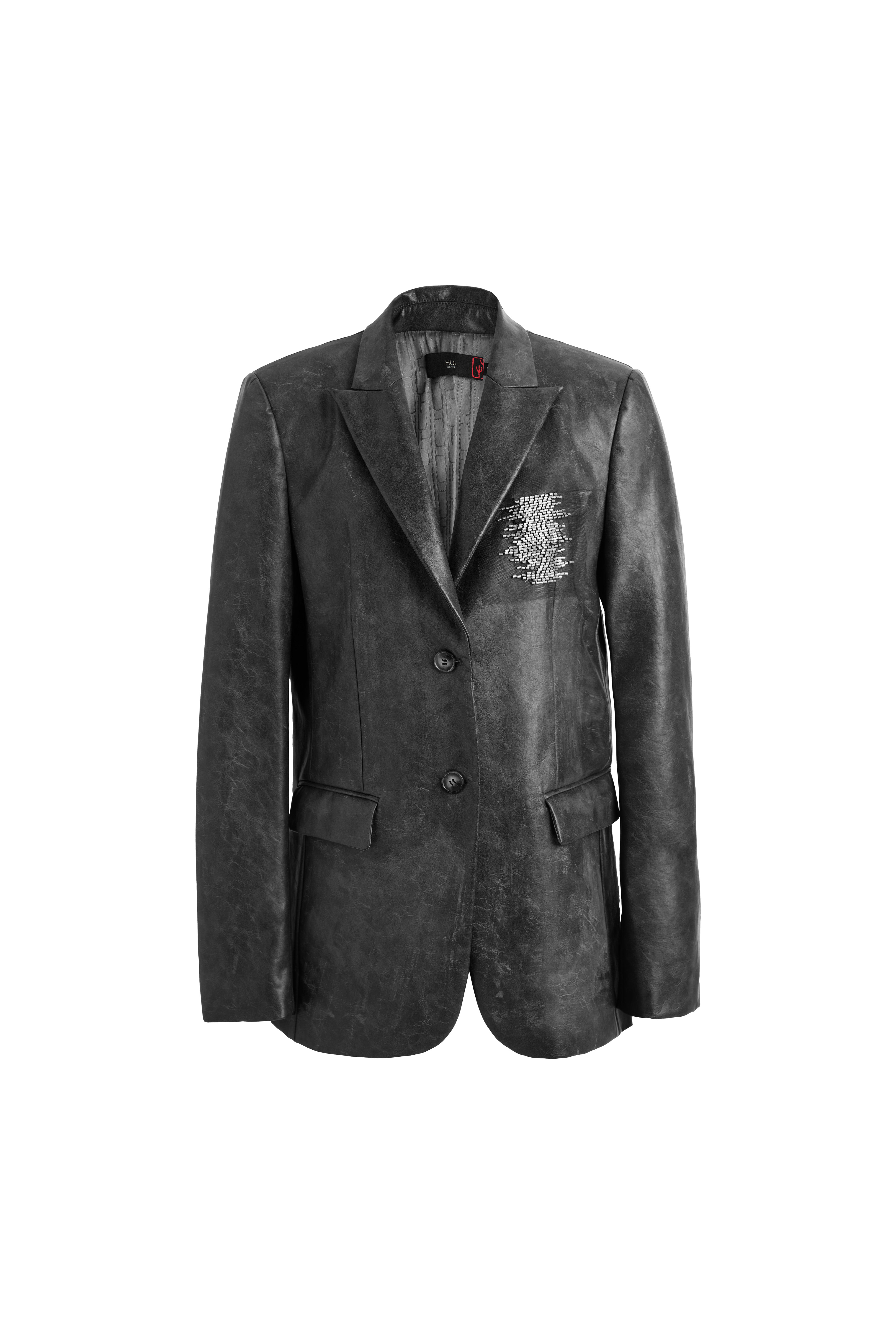 Hui Milano slim-fit dark grey leather jacket with high collar, zip closure, contrast panels, and elegant stitching with tube bead embroidery, tailored and sophisticated modern design, front view on white background.