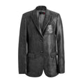 Hui Milano slim-fit dark grey leather jacket with high collar, zip closure, contrast panels, and elegant stitching with tube bead embroidery, tailored and sophisticated modern design, front view on white background.