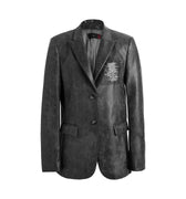 Hui Milano slim-fit dark grey leather jacket with high collar, zip closure, contrast panels, and elegant stitching with tube bead embroidery, tailored and sophisticated modern design, front view on white background.