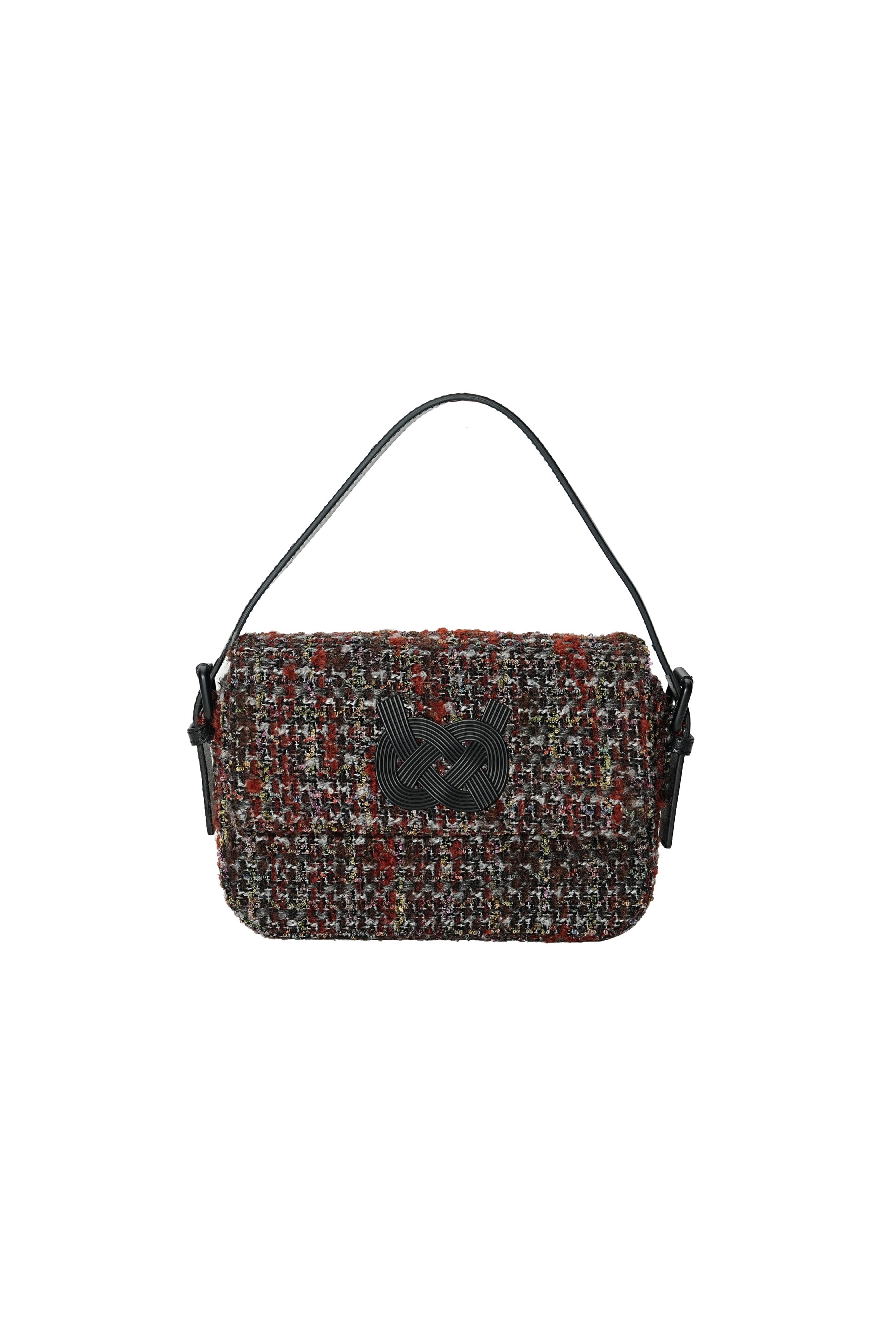 Hui Milano tweed bag in black and brown with black leather handles, combining textured fabric and sleek leather for a timeless and versatile accessory, front view on white background.