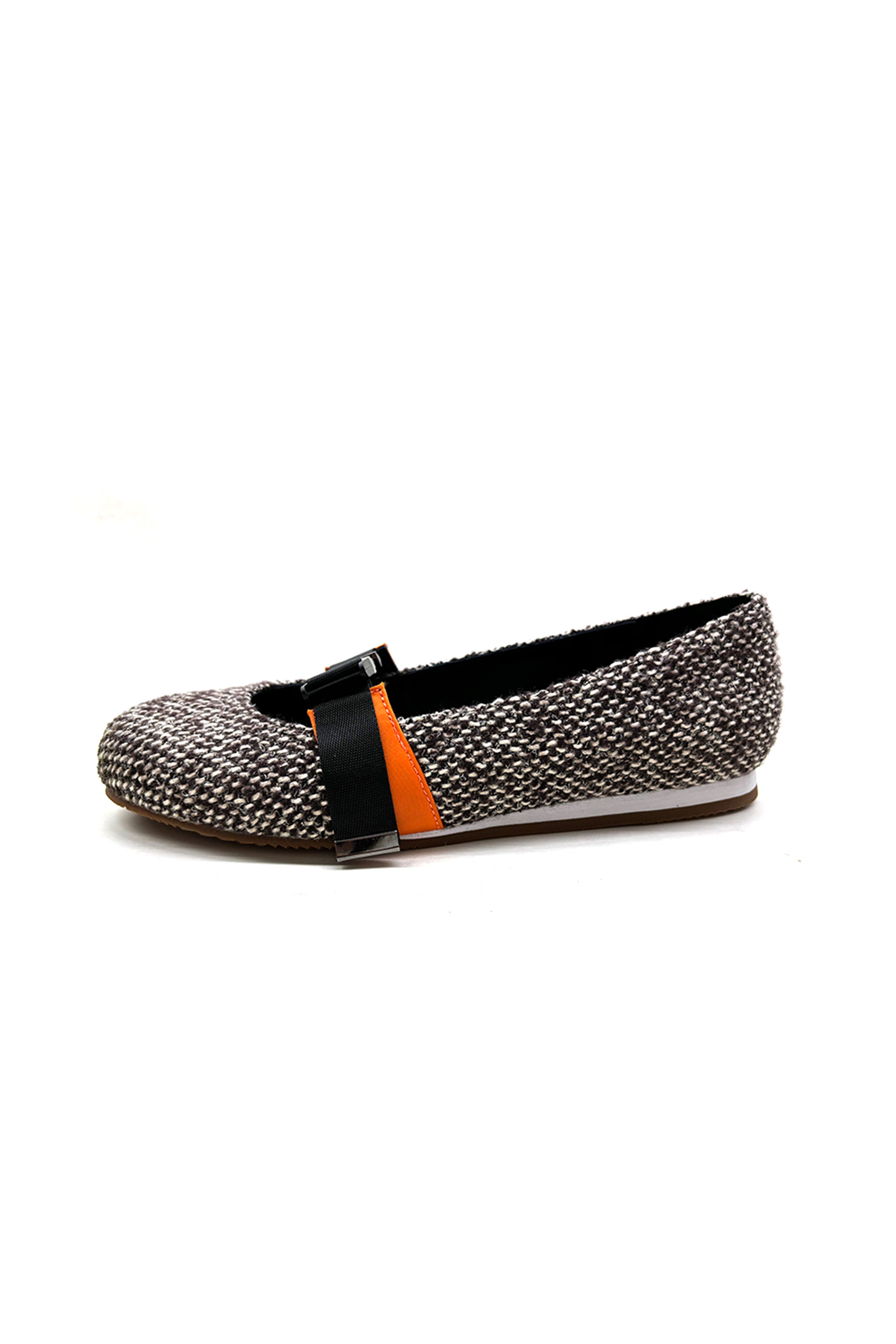 Hui Milano tweed ballet shoes in premium wool-rayon-acrylic-metallic blend, elegant and versatile for day or evening wear, front view on white background.