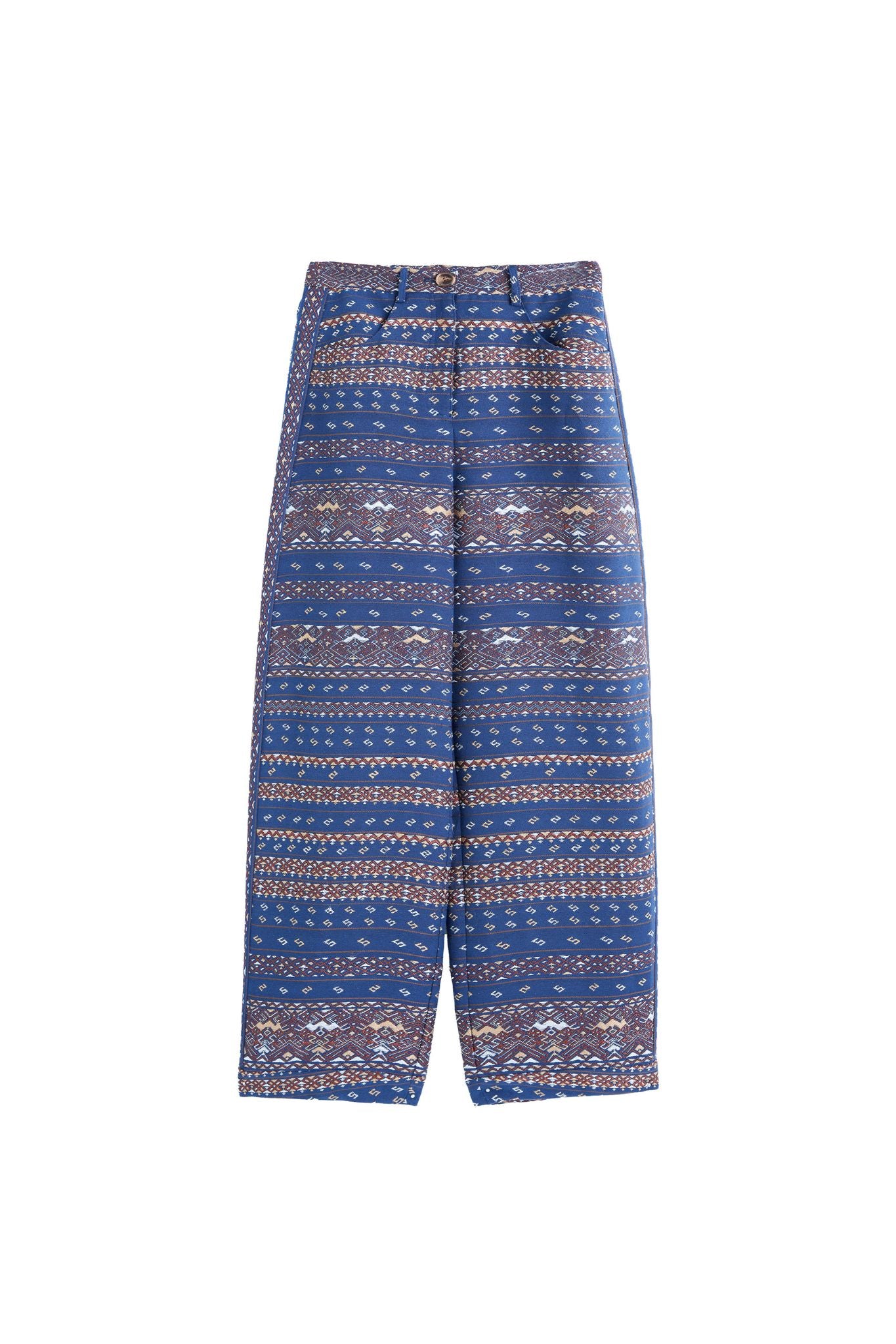 Hui Milano wide-leg blue pants with intricate jacquard Miao ethnic motifs, buttoned waistband, relaxed fit for comfort, elegant and culturally inspired design, front view on white background.
