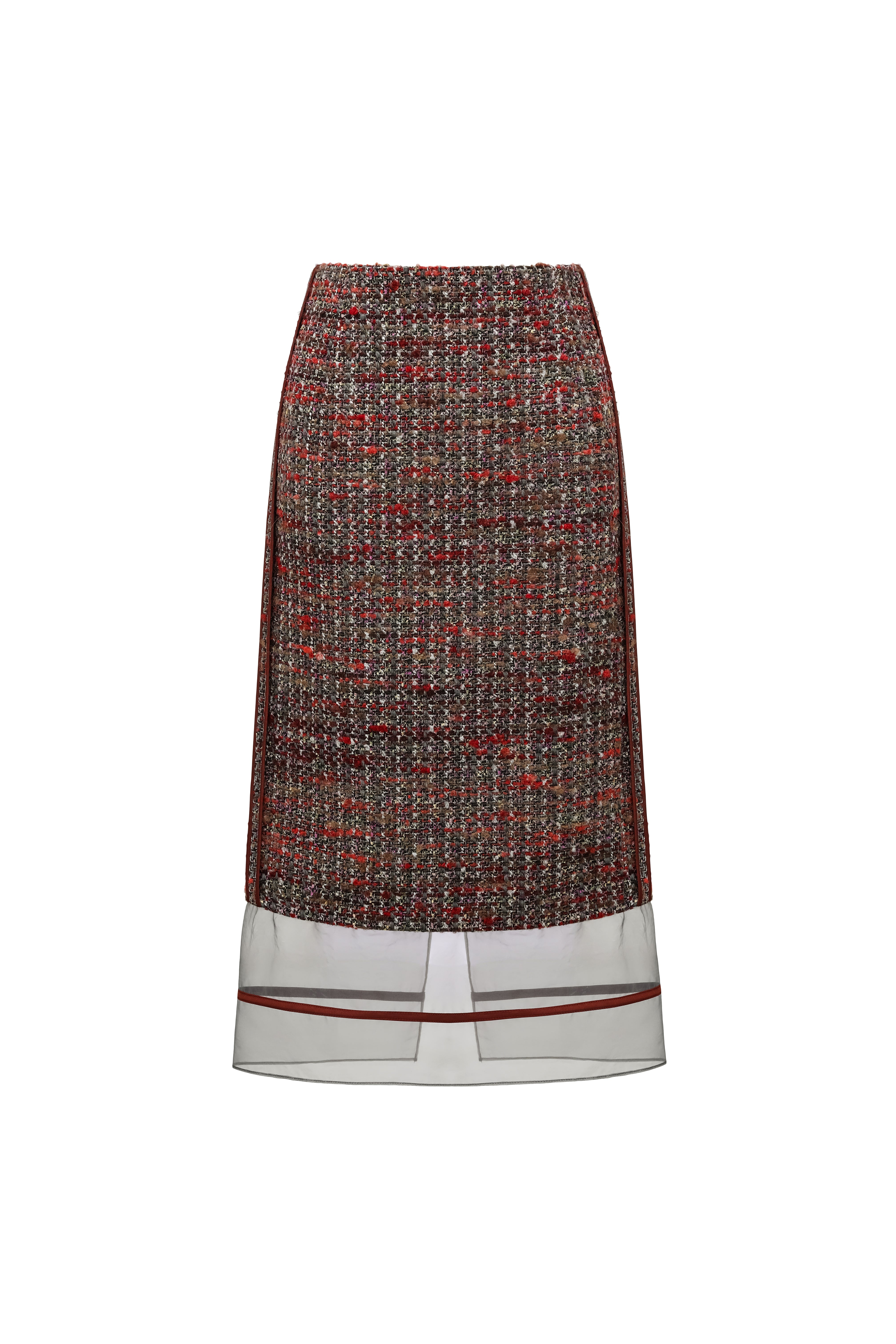 Hui Milano classic wool skirt with delicate organza inserts and subtle red stripe accents, elegant hemline design combining wool and transparent organza for modern and sophisticated style, front view on white background.