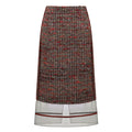 Hui Milano classic wool skirt with delicate organza inserts and subtle red stripe accents, elegant hemline design combining wool and transparent organza for modern and sophisticated style, front view on white background.