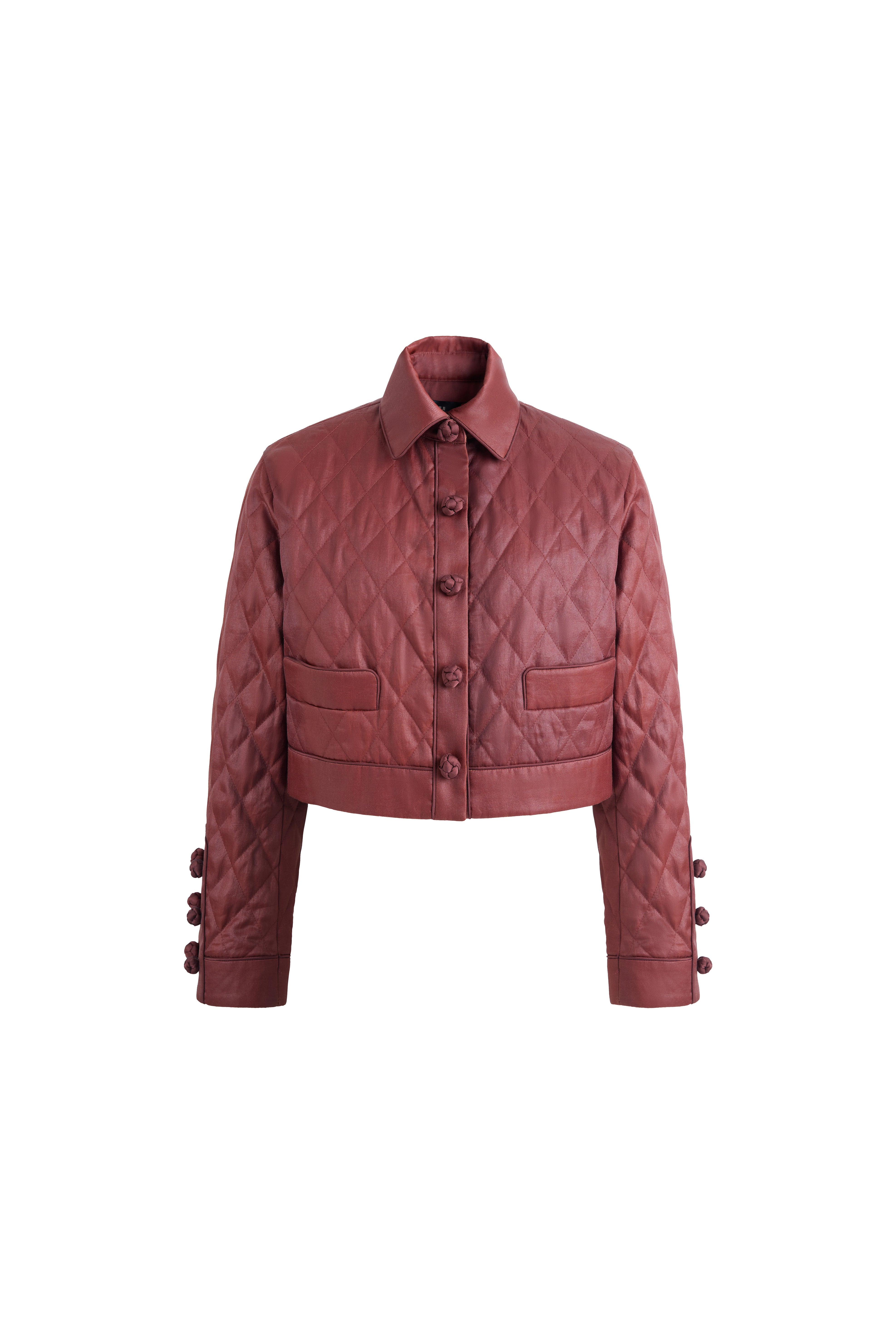 Hui Milano Xiangyun cropped jacket in cotton-silk blend with lapel collar, diamond stitching, traditional Chinese knot buttons on front and cuffs, and functional side pockets, elegant and refined design with lightweight warmth, front view on white background.