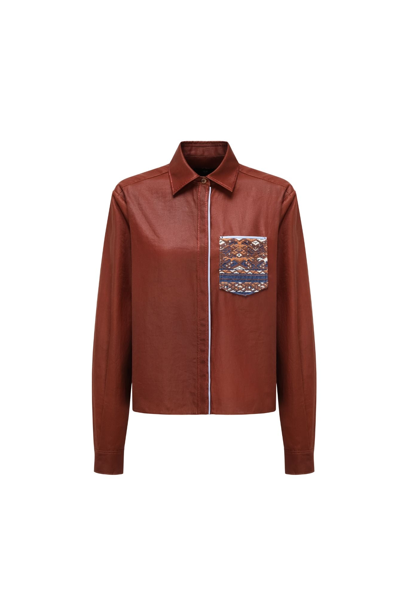 Hui Milano Xiangyun men’s shirt, terracotta brown silk-cotton blend with masculine collar and embroidered chest pocket featuring chain stitching, front view on white background.