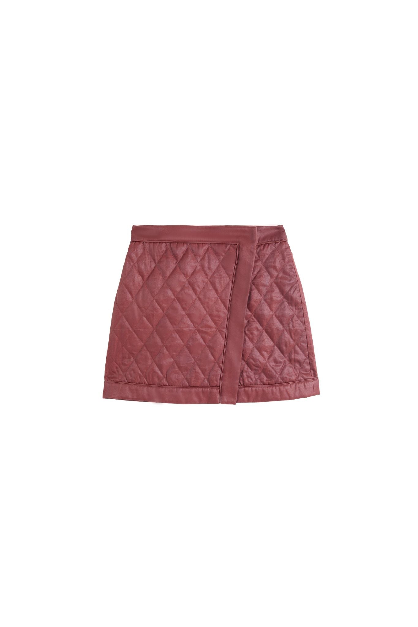 Hui Milano Xiangyun short cotton skirt in silk-cotton blend with diamond stitching, front zipper closure, asymmetrical design, elegant yet playful style for sophisticated winter outfits, front view on white background.