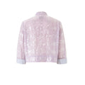 Purple sequin coat with wave-inspired ruffle details and traditional Chinese stand collar, elegant outerwear blending cultural heritage with modern sophistication.