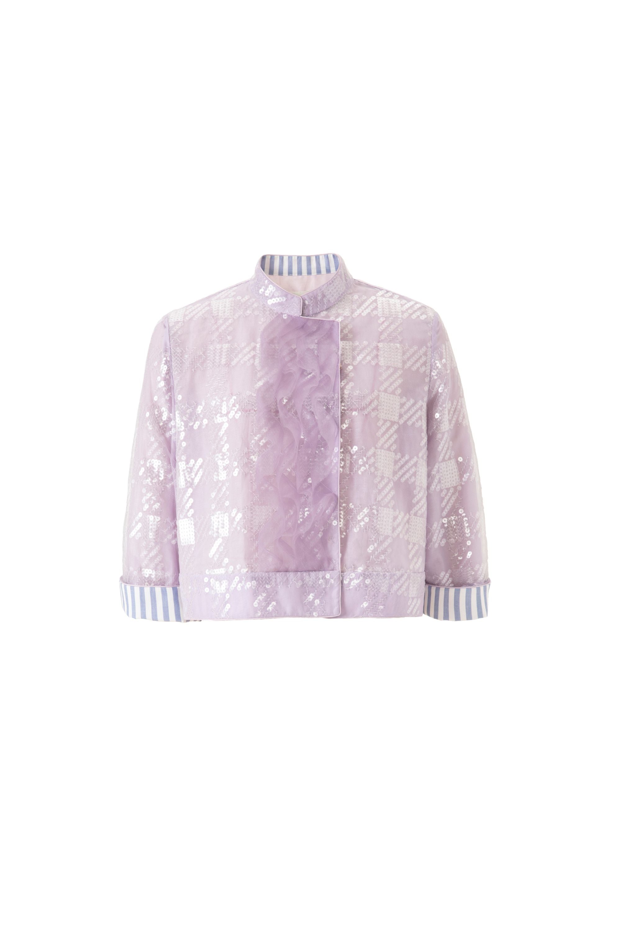 Purple sequin coat with wave-inspired ruffle details and traditional Chinese stand collar, elegant outerwear blending cultural heritage with modern sophistication.
