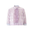 Purple sequin coat with wave-inspired ruffle details and traditional Chinese stand collar, elegant outerwear blending cultural heritage with modern sophistication.