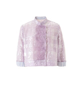 Purple sequin coat with wave-inspired ruffle details and traditional Chinese stand collar, elegant outerwear blending cultural heritage with modern sophistication.