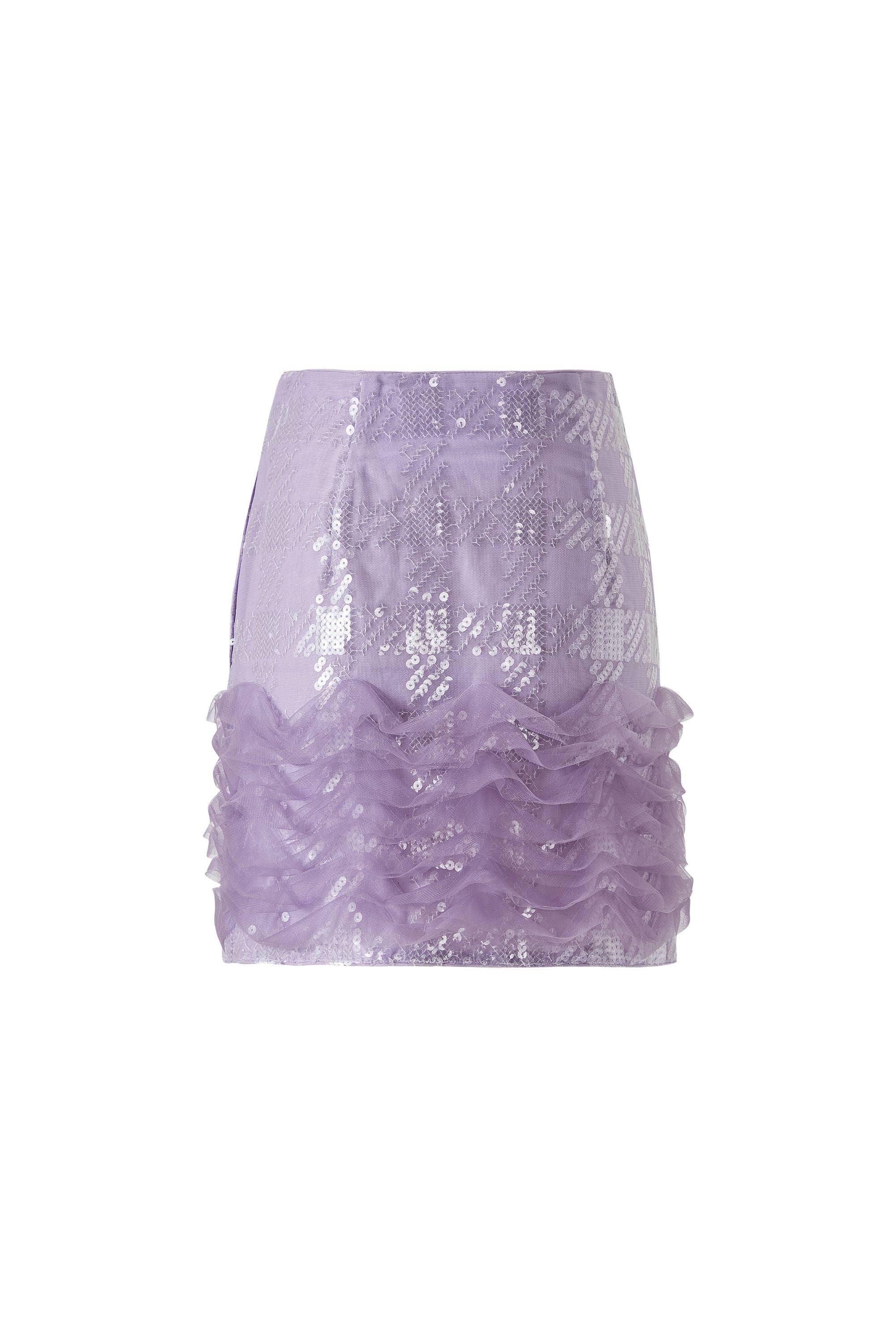 Purple sequined skirt with sculptural movement, sleek finish inspired by the elegance of traditional Chinese ceremonial garments.