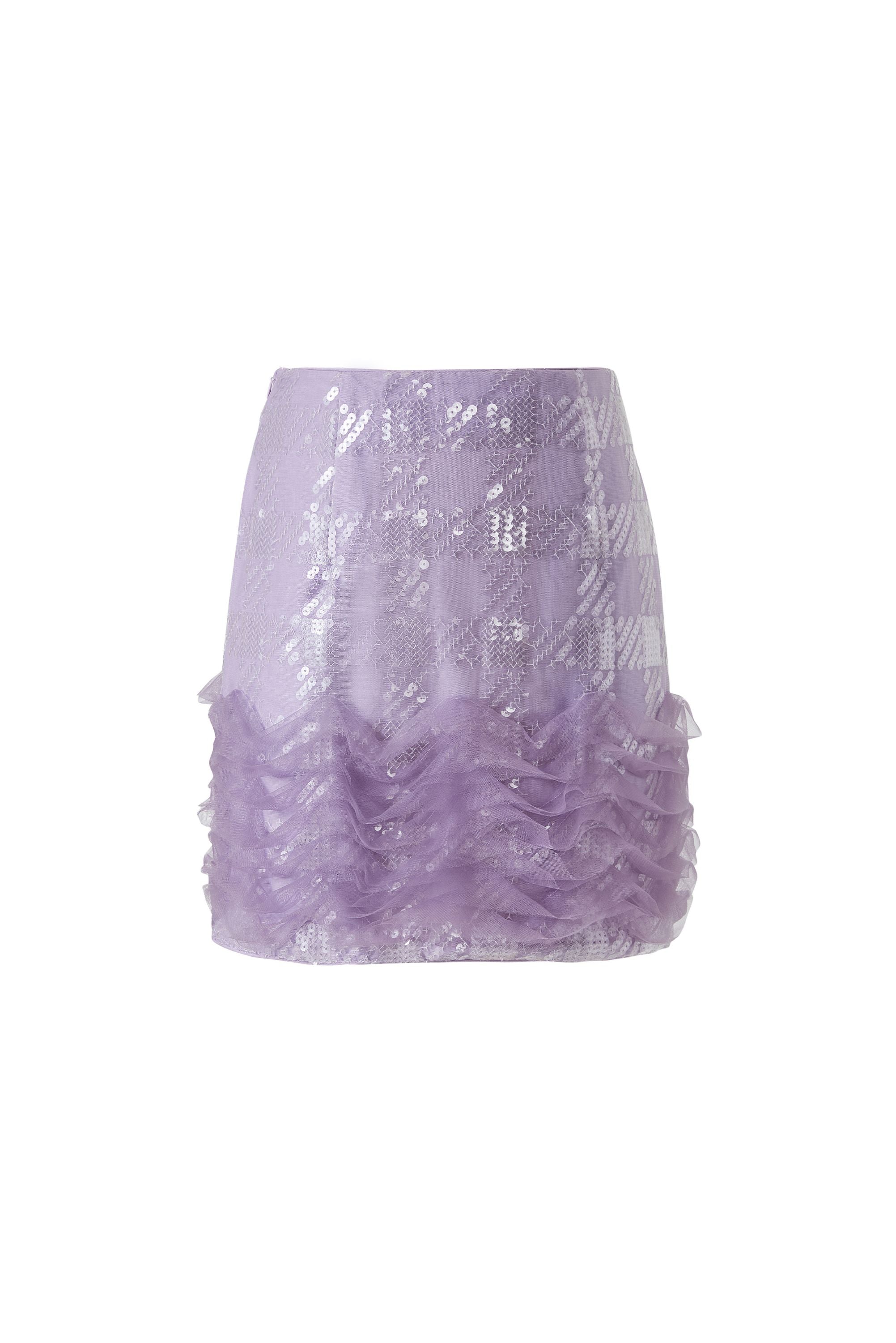 Purple sequined skirt with sculptural movement, sleek finish inspired by the elegance of traditional Chinese ceremonial garments.