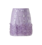 Purple sequined skirt with sculptural movement, sleek finish inspired by the elegance of traditional Chinese ceremonial garments.