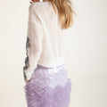 Purple sequined skirt with sculptural movement, sleek finish inspired by the elegance of traditional Chinese ceremonial garments.
